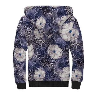 African Leopard Floral Pattern Sherpa Hoodie Nile Indigo