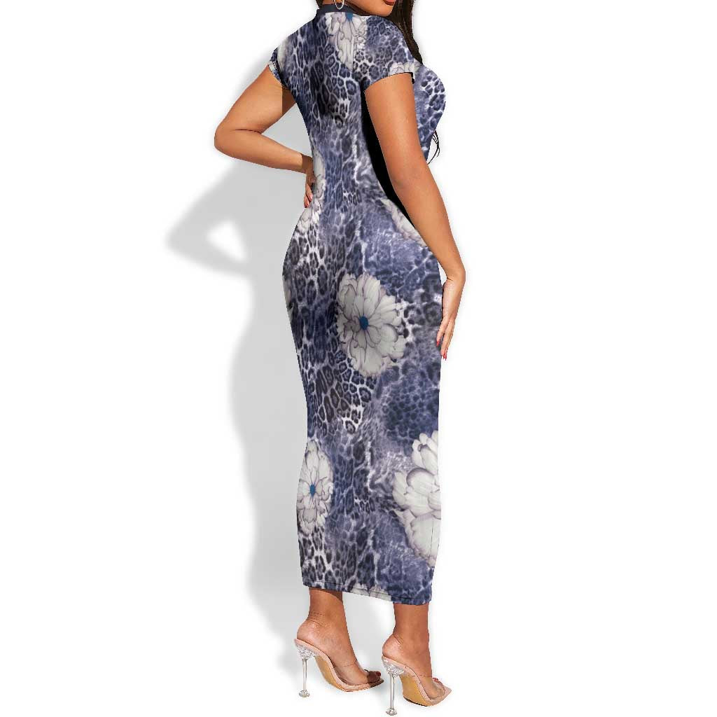 African Leopard Floral Pattern Short Sleeve Bodycon Dress Nile Indigo