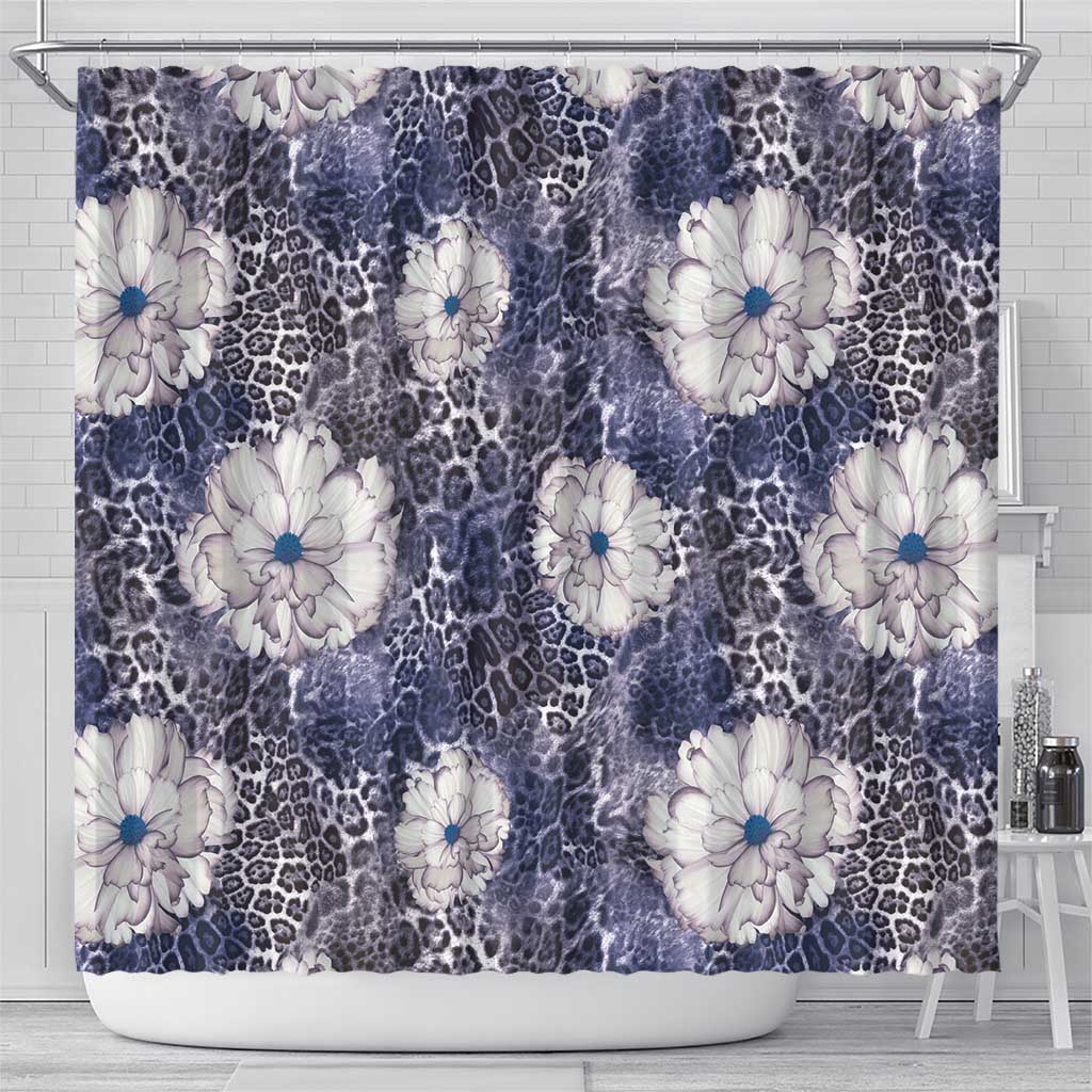 African Leopard Floral Pattern Shower Curtain Nile Indigo