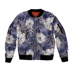 African Leopard Floral Pattern Sleeve Zip Bomber Jacket Nile Indigo