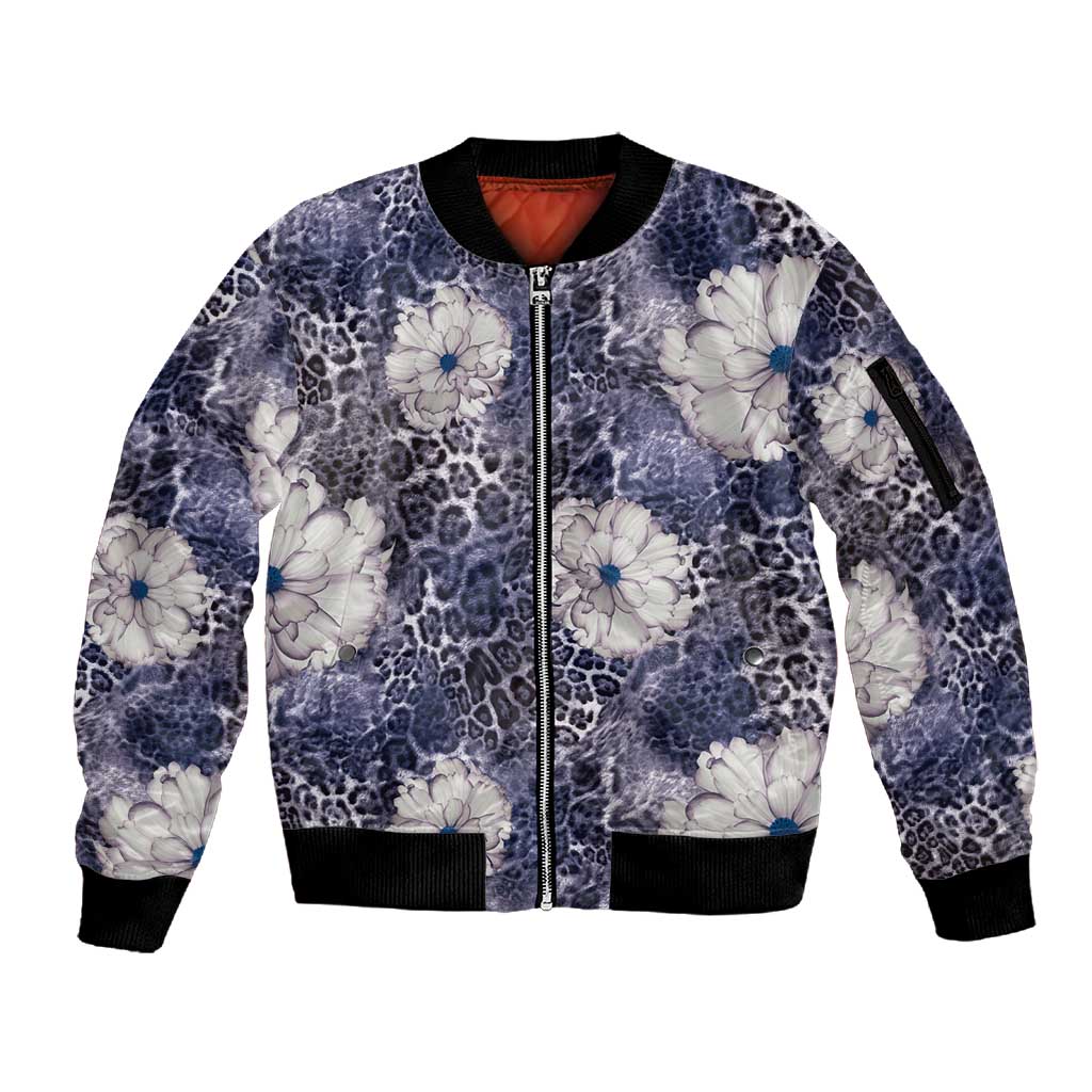 African Leopard Floral Pattern Sleeve Zip Bomber Jacket Nile Indigo