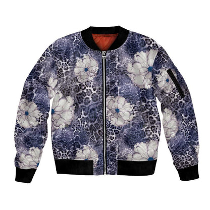 African Leopard Floral Pattern Sleeve Zip Bomber Jacket Nile Indigo