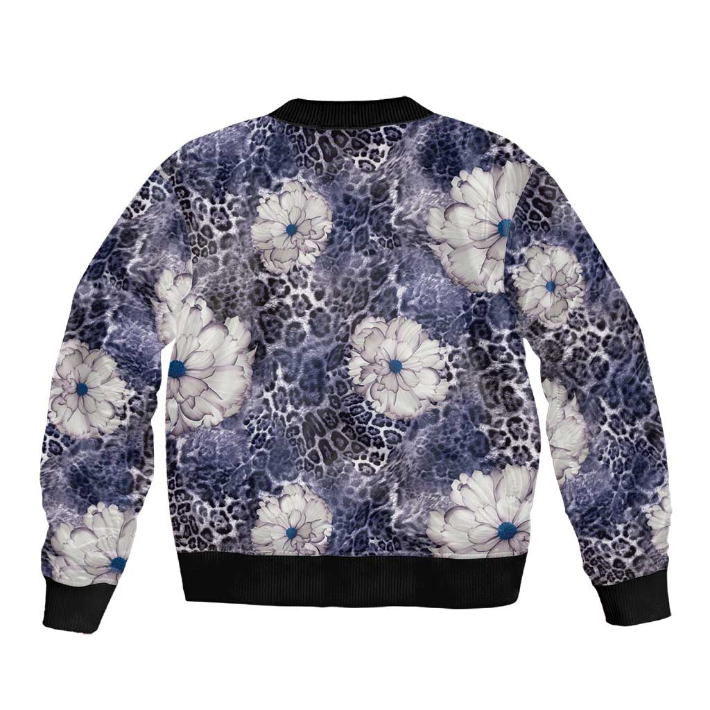 African Leopard Floral Pattern Sleeve Zip Bomber Jacket Nile Indigo