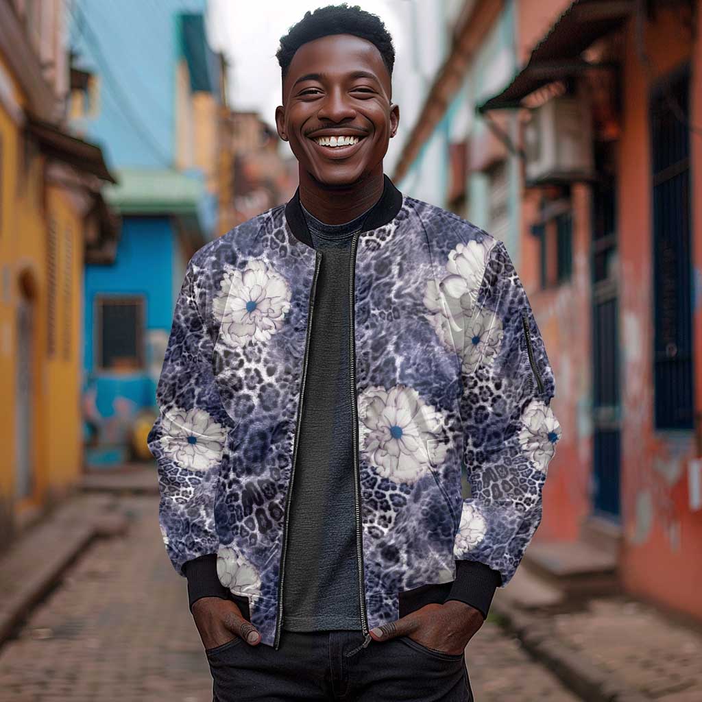 African Leopard Floral Pattern Sleeve Zip Bomber Jacket Nile Indigo