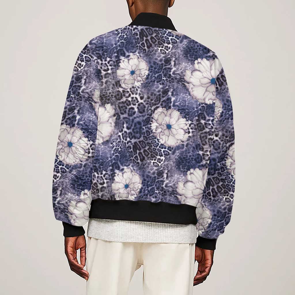 African Leopard Floral Pattern Sleeve Zip Bomber Jacket Nile Indigo
