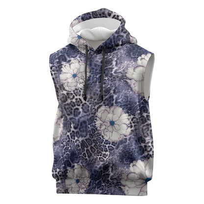 African Leopard Floral Pattern Sleeveless Hoodie Nile Indigo