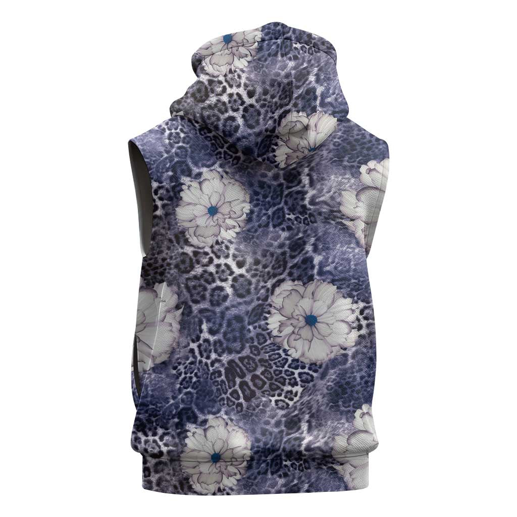 African Leopard Floral Pattern Sleeveless Hoodie Nile Indigo