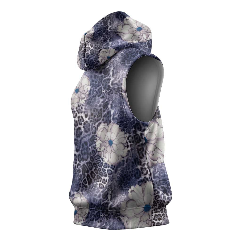 African Leopard Floral Pattern Sleeveless Hoodie Nile Indigo