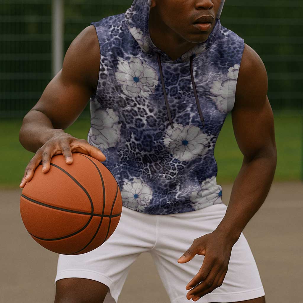 African Leopard Floral Pattern Sleeveless Hoodie Nile Indigo
