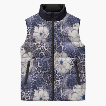 African Leopard Floral Pattern Sleeveless Puffer Jacket Nile Indigo