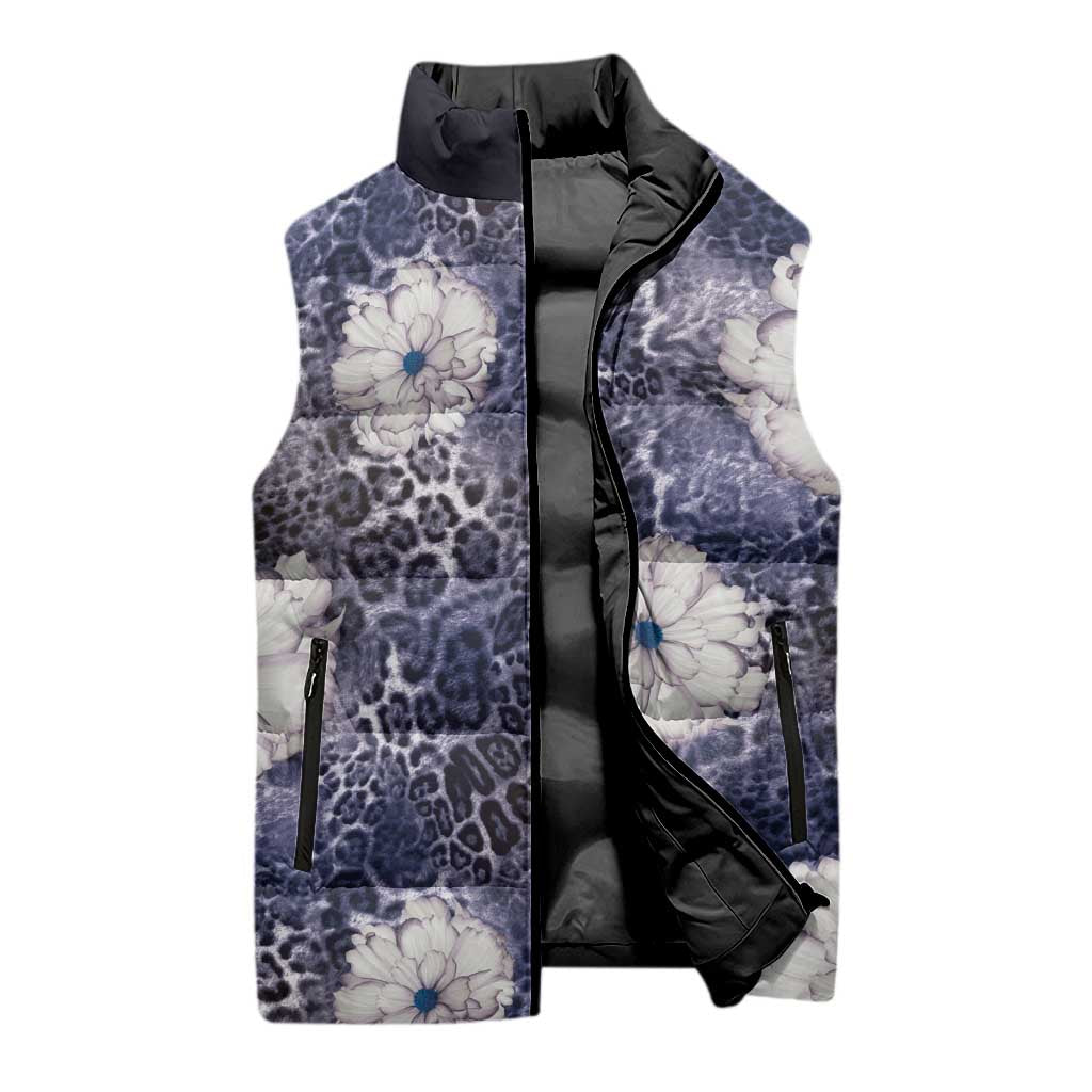 African Leopard Floral Pattern Sleeveless Puffer Jacket Nile Indigo