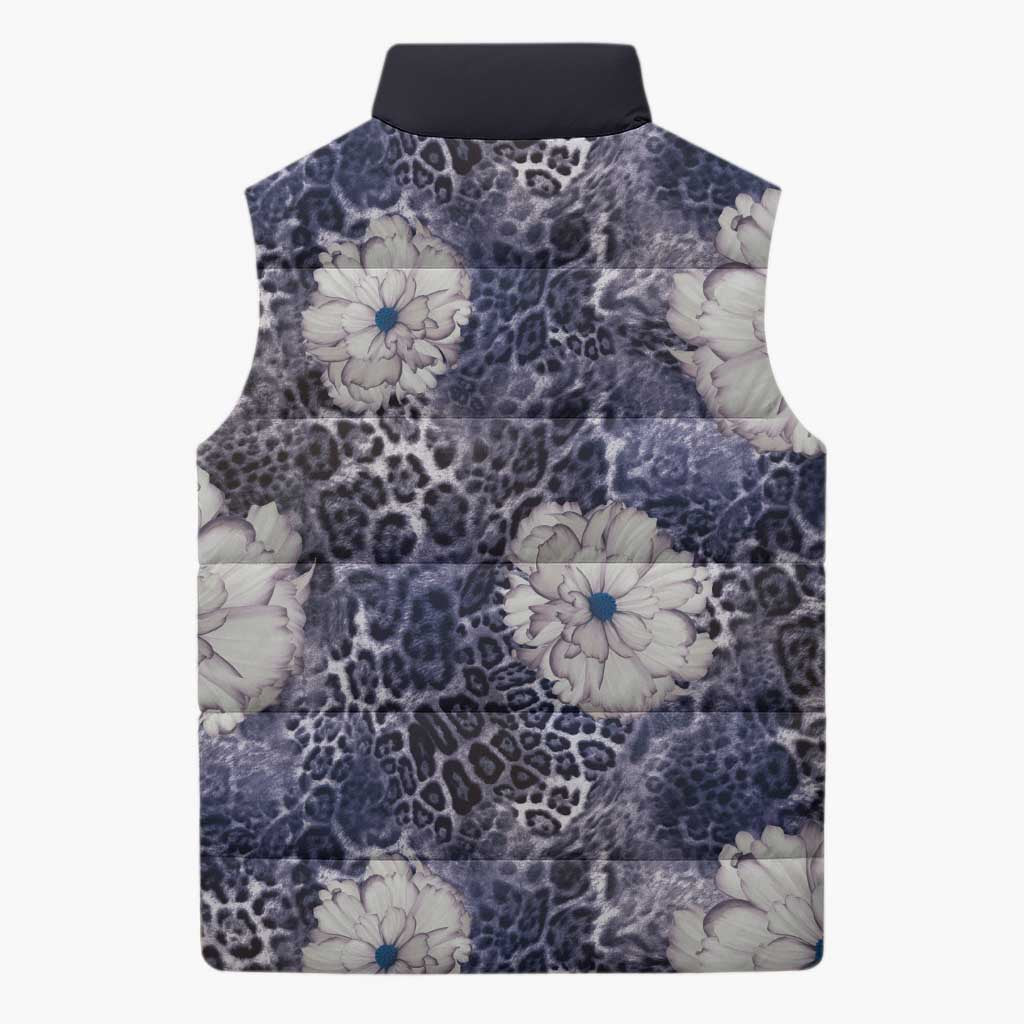 African Leopard Floral Pattern Sleeveless Puffer Jacket Nile Indigo