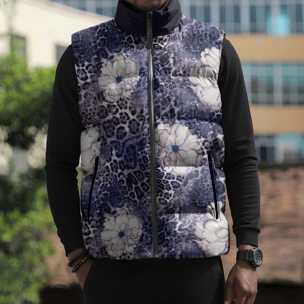 African Leopard Floral Pattern Sleeveless Puffer Jacket Nile Indigo