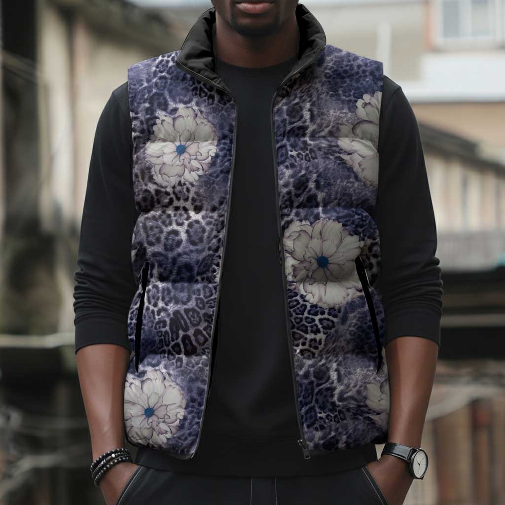 African Leopard Floral Pattern Sleeveless Puffer Jacket Nile Indigo