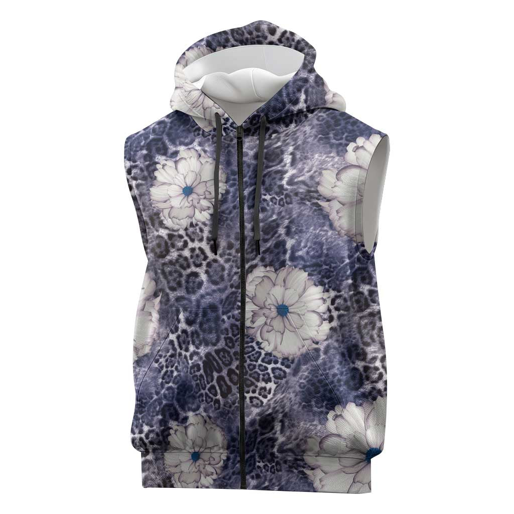 African Leopard Floral Pattern Sleeveless Zip Hoodie Nile Indigo