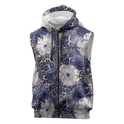 African Leopard Floral Pattern Sleeveless Zip Hoodie Nile Indigo