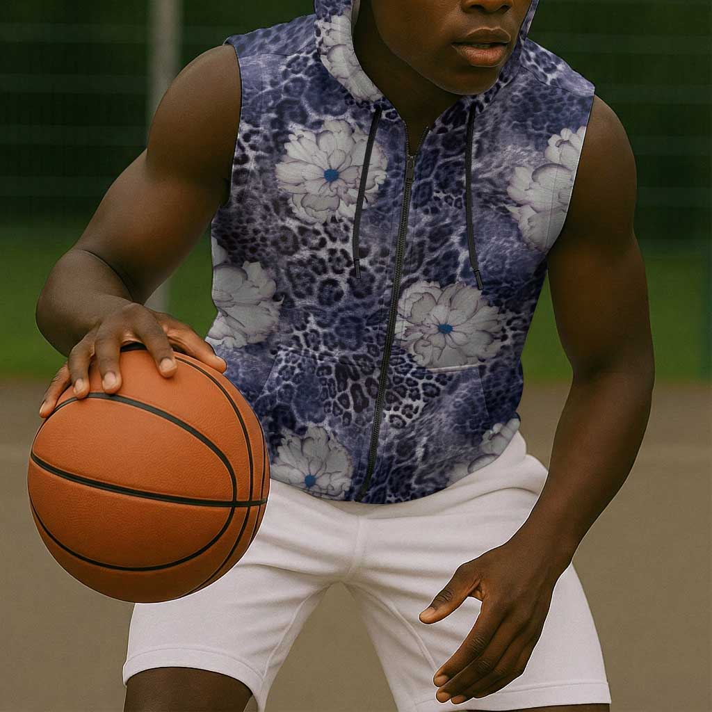 African Leopard Floral Pattern Sleeveless Zip Hoodie Nile Indigo