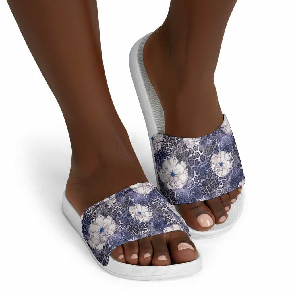 African Leopard Floral Pattern Slide Sandals Nile Indigo