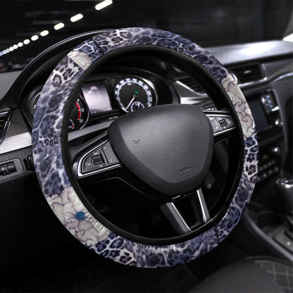 African Leopard Floral Pattern Steering Wheel Cover Nile Indigo