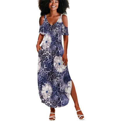 African Leopard Floral Pattern Summer Maxi Dress Nile Indigo
