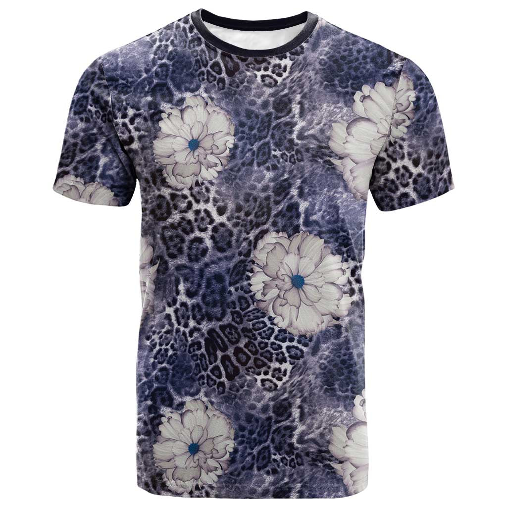 African Leopard Floral Pattern T shirt Nile Indigo
