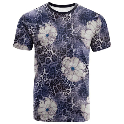 African Leopard Floral Pattern T shirt Nile Indigo