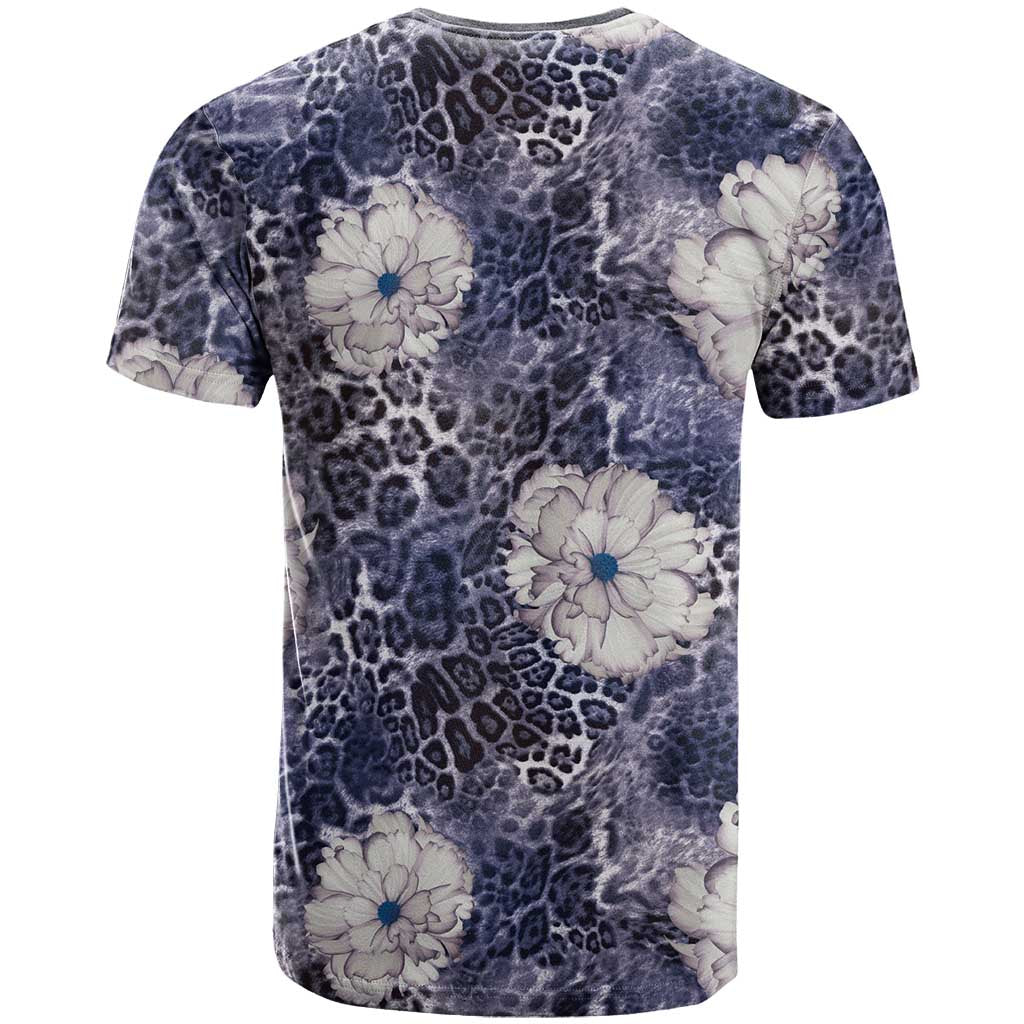 African Leopard Floral Pattern T shirt Nile Indigo