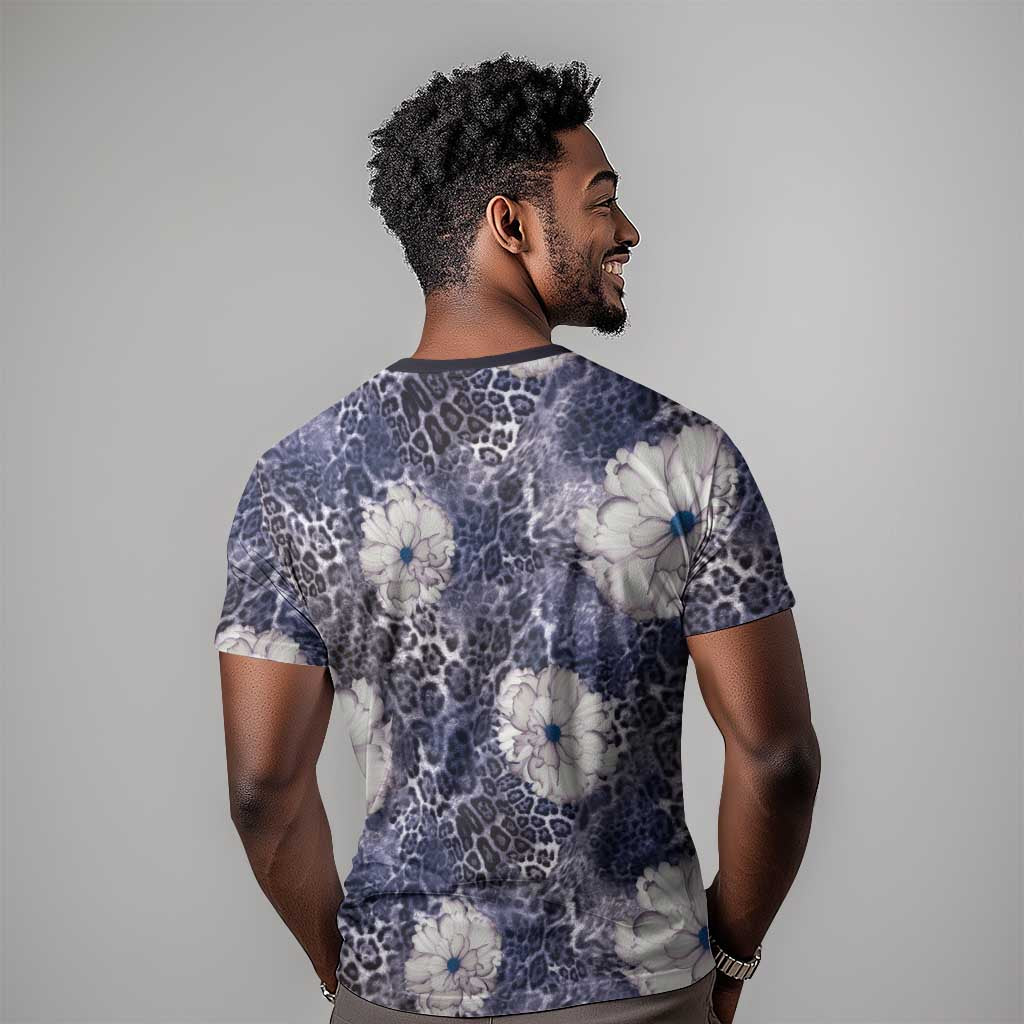 African Leopard Floral Pattern T shirt Nile Indigo