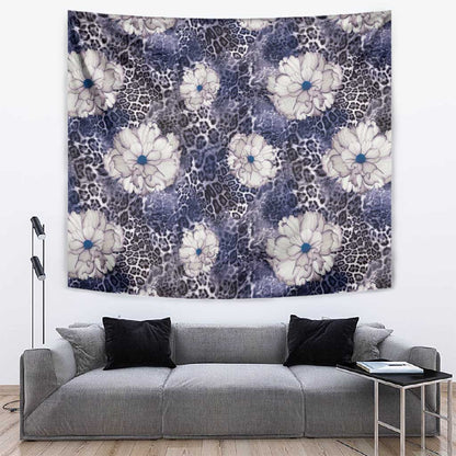 African Leopard Floral Pattern Tapestry Nile Indigo