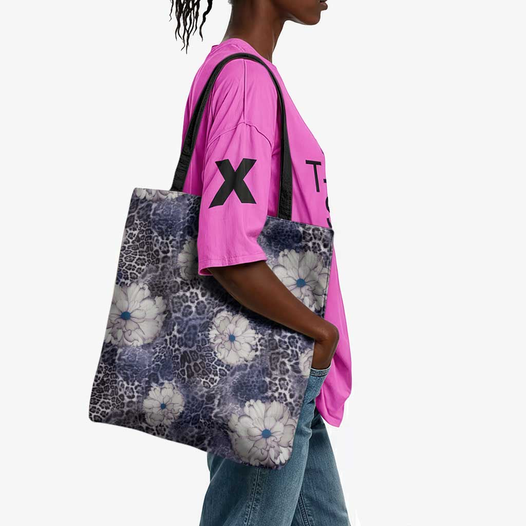 African Leopard Floral Pattern Tote Bag Nile Indigo