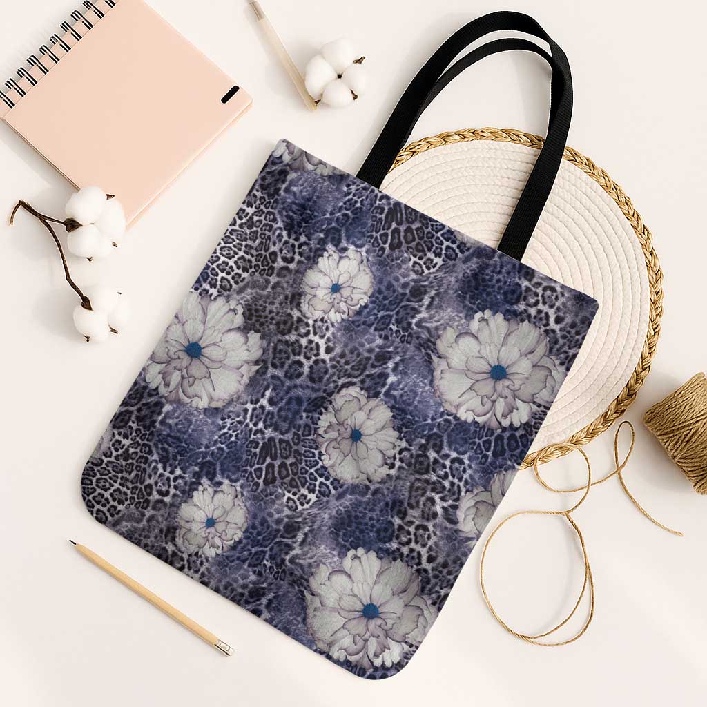 African Leopard Floral Pattern Tote Bag Nile Indigo