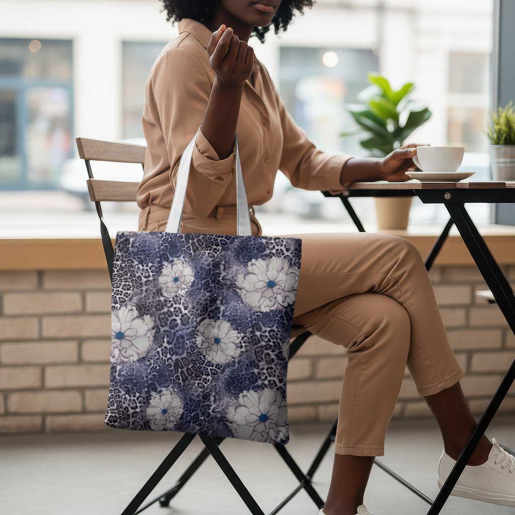 African Leopard Floral Pattern Tote Bag Nile Indigo