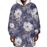 African Leopard Floral Pattern Wearable Blanket Hoodie Nile Indigo