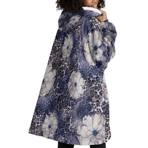 African Leopard Floral Pattern Wearable Blanket Hoodie Nile Indigo