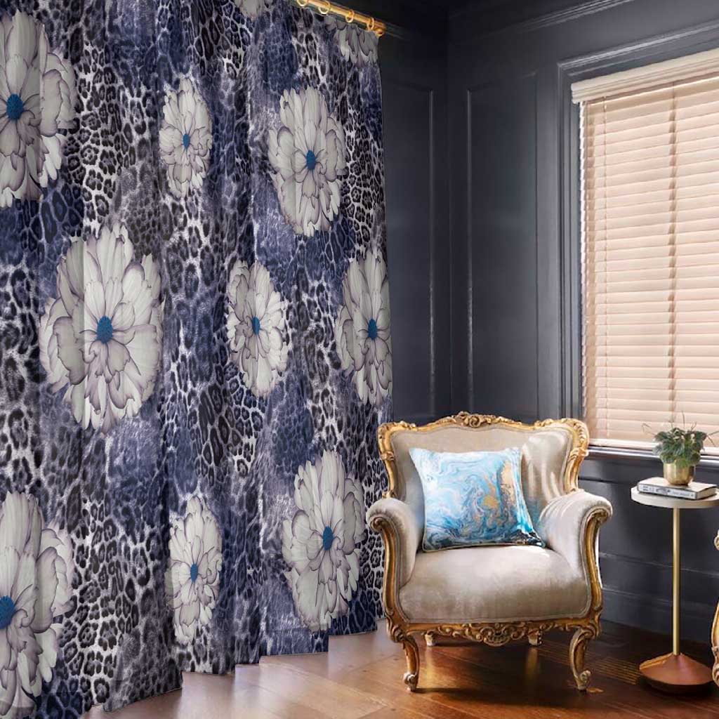 African Leopard Floral Pattern Window Curtain Nile Indigo