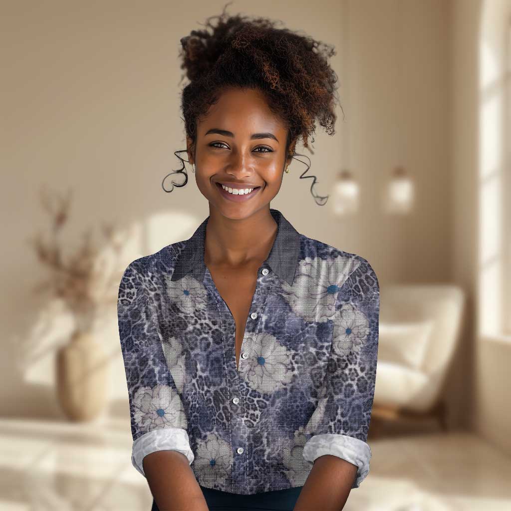 African Leopard Floral Pattern Women Casual Shirt Nile Indigo