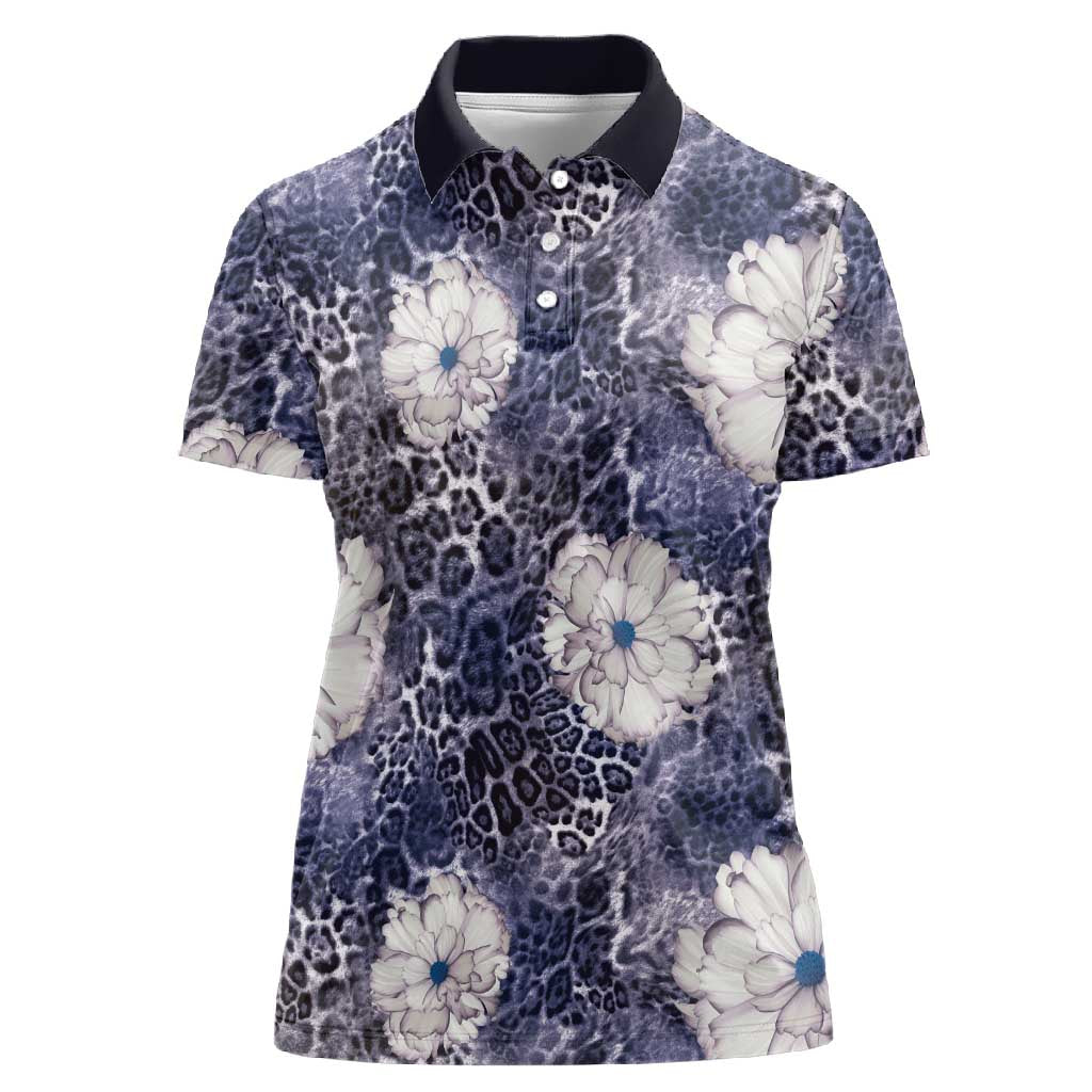 African Leopard Floral Pattern Women Polo Shirt Nile Indigo