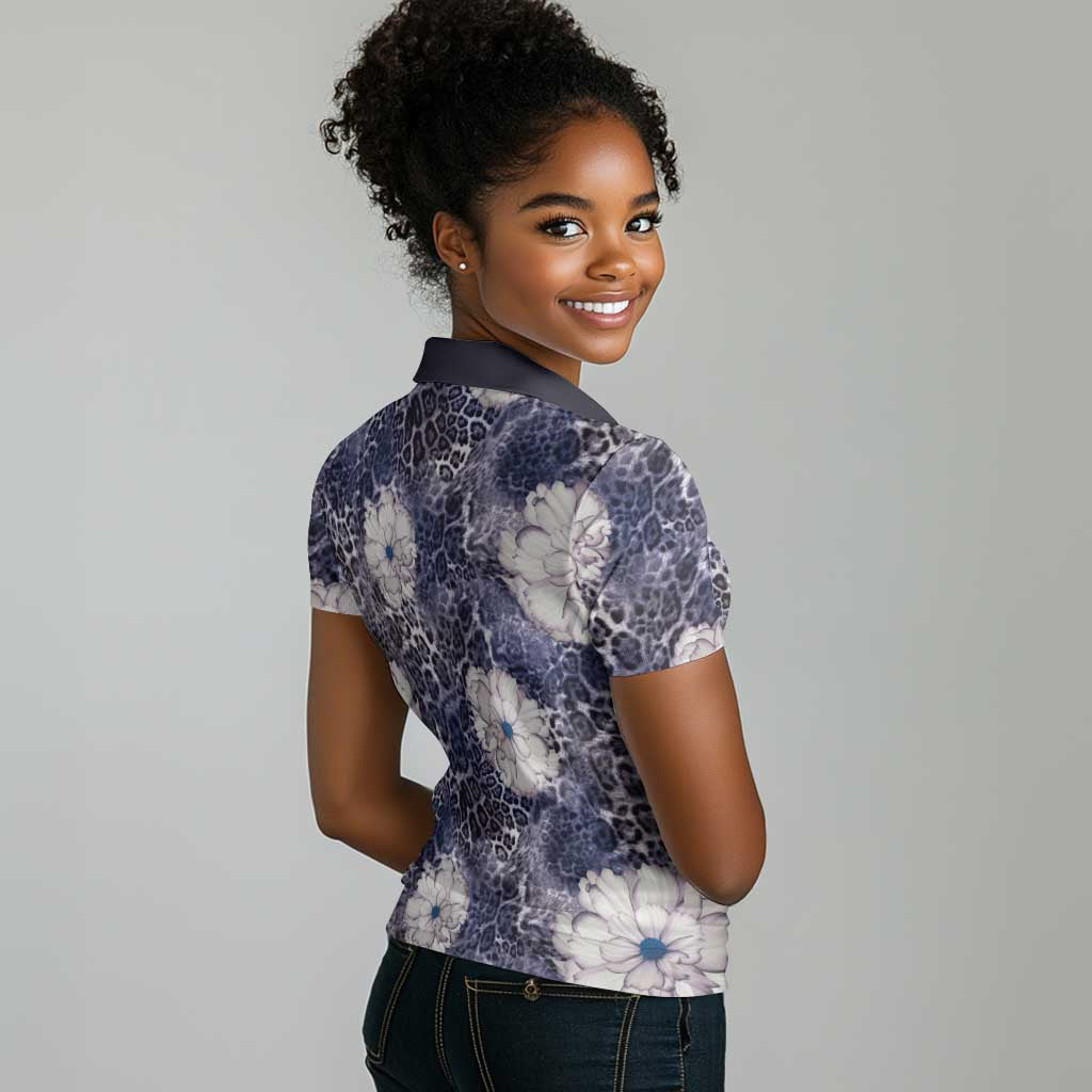 African Leopard Floral Pattern Women Polo Shirt Nile Indigo