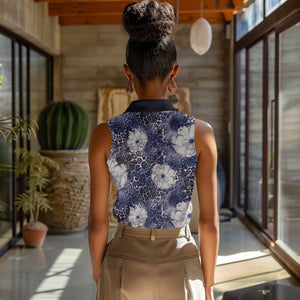 African Leopard Floral Pattern Women Sleeveless Polo Shirt Nile Indigo