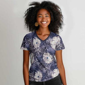 African Leopard Floral Pattern Women V-Neck T-Shirt Nile Indigo