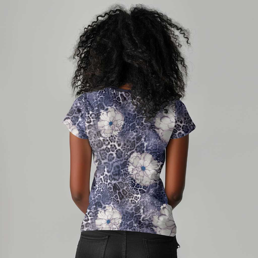 African Leopard Floral Pattern Women V-Neck T-Shirt Nile Indigo