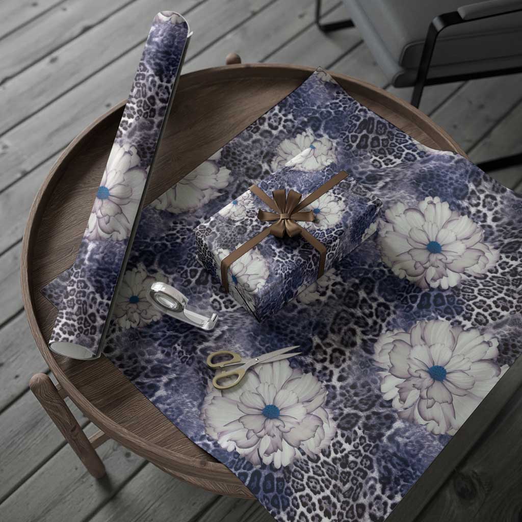 African Leopard Floral Pattern Wrapping Paper Nile Indigo