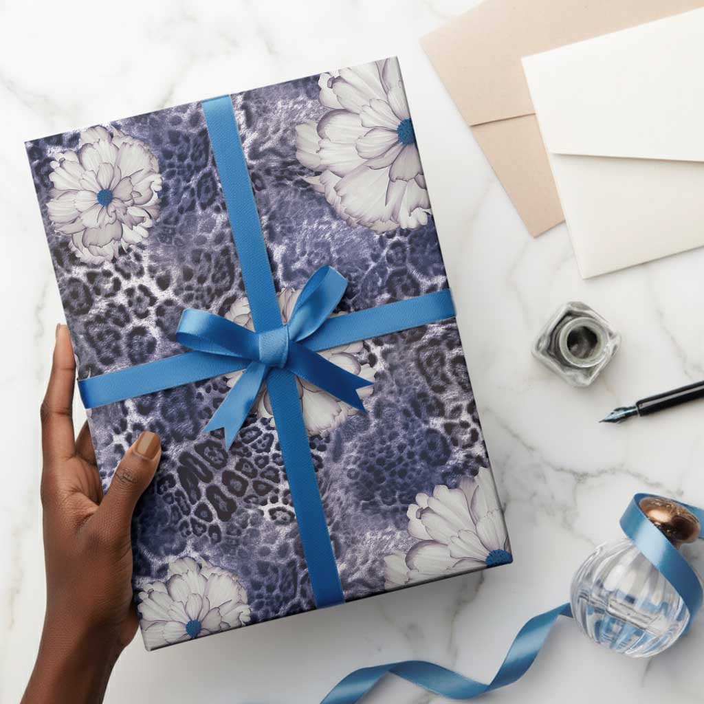 African Leopard Floral Pattern Wrapping Paper Nile Indigo