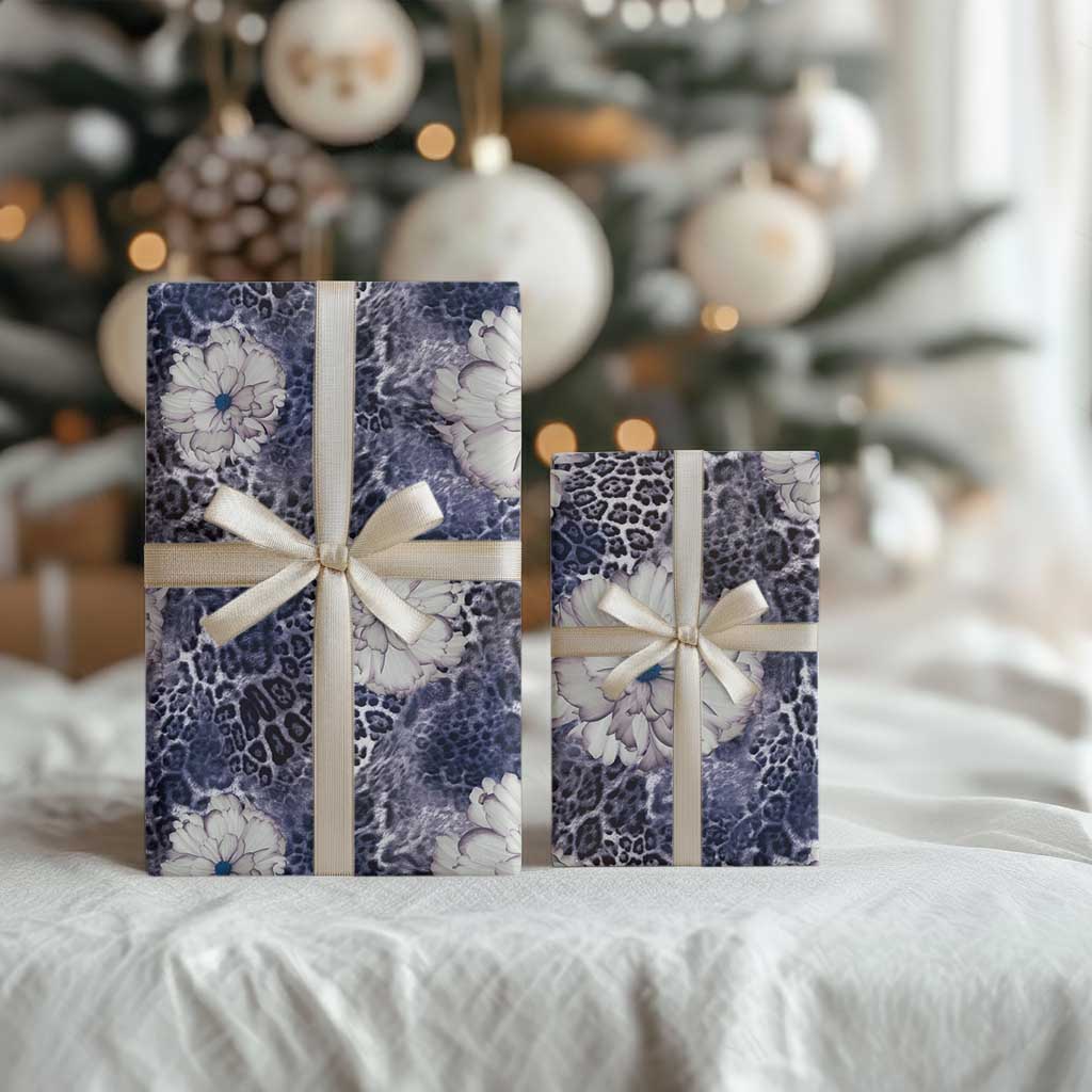 African Leopard Floral Pattern Wrapping Paper Nile Indigo