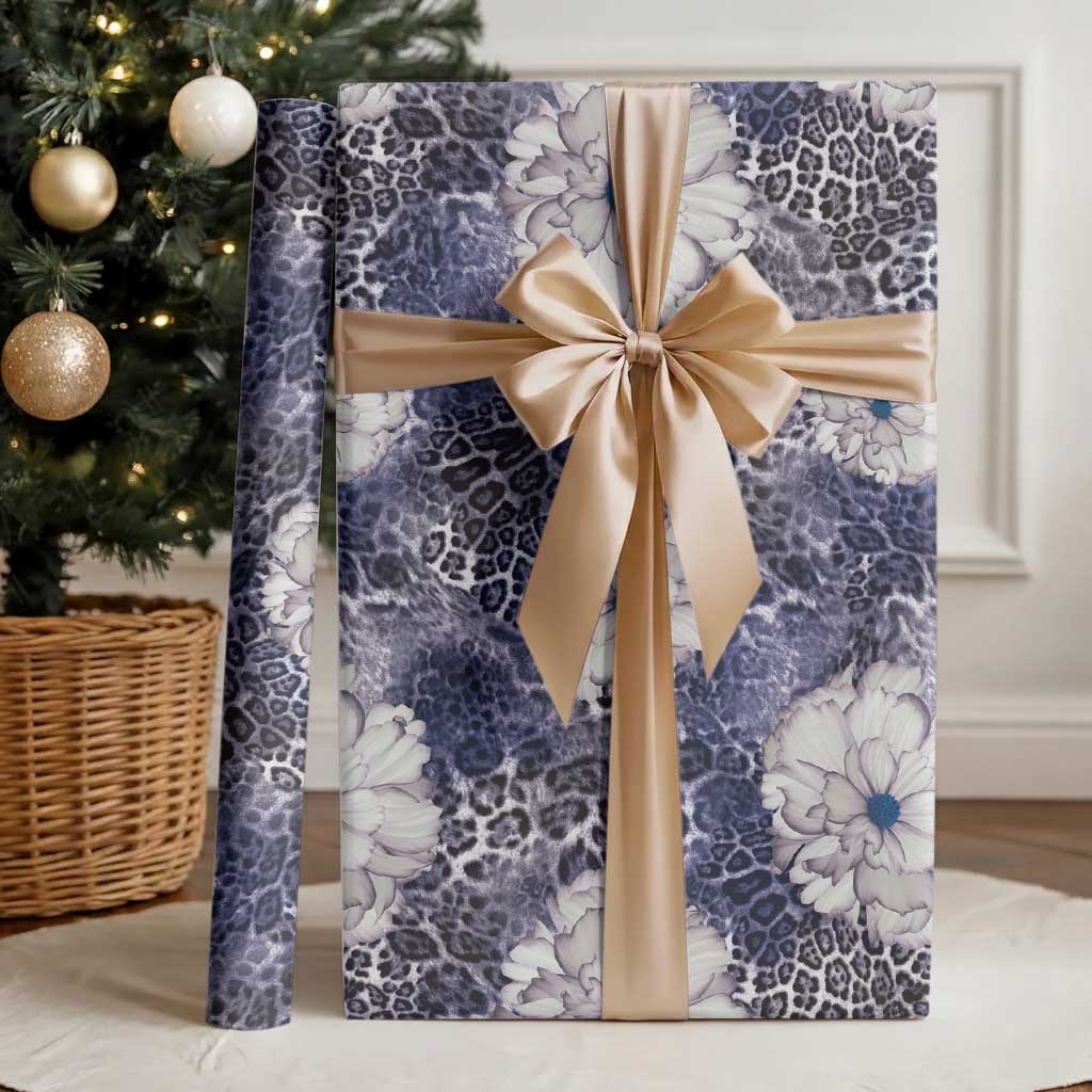 African Leopard Floral Pattern Wrapping Paper Nile Indigo