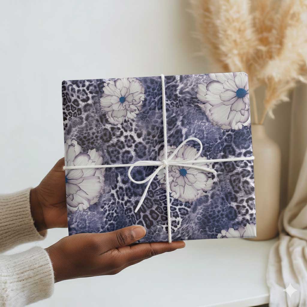 African Leopard Floral Pattern Wrapping Paper Nile Indigo