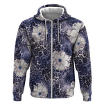 African Leopard Floral Pattern Zip Hoodie Nile Indigo