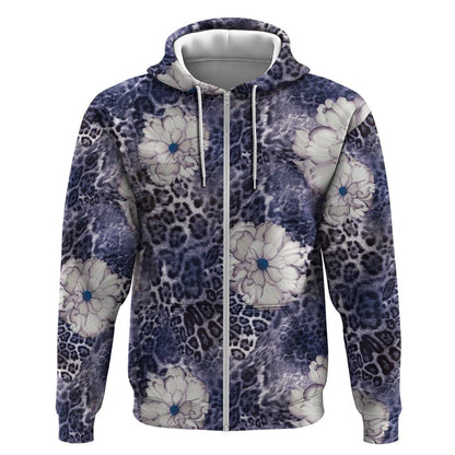 African Leopard Floral Pattern Zip Hoodie Nile Indigo