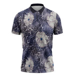 African Leopard Floral Pattern Zipper Polo Shirt Nile Indigo
