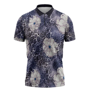 African Leopard Floral Pattern Zipper Polo Shirt Nile Indigo